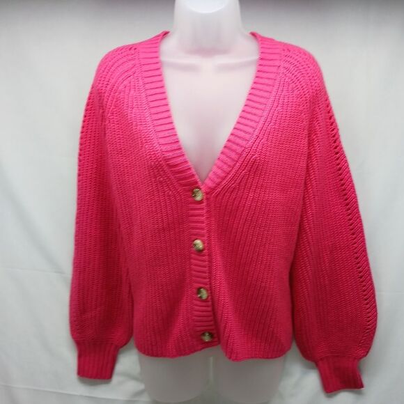Madison Gray Women’s Pink 4 Button Cardigan Knit Balloon Sleeve V-Neck Size L - Picture 3 of 8